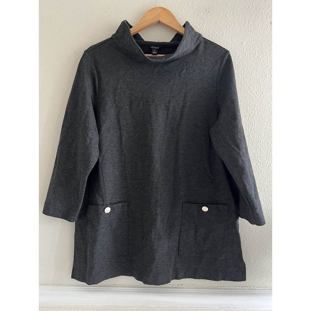 Ann Taylor Dark Gray Cowl Neck Knit Blouse Women's XL Pockets Quiet Modest